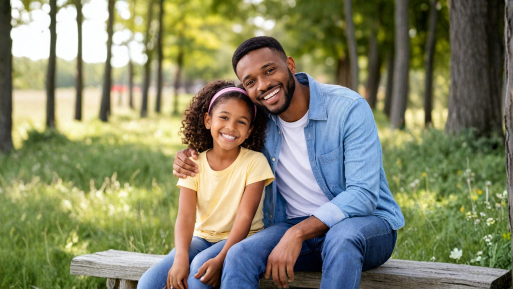 Dad and kid smiling