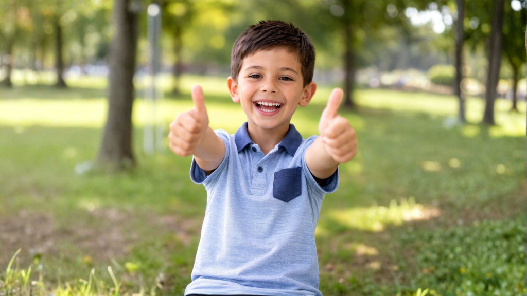 Kid with thumb up dark hair