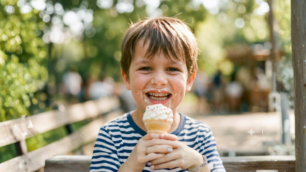 Boy eating ice cream with braces in Oakton, VA