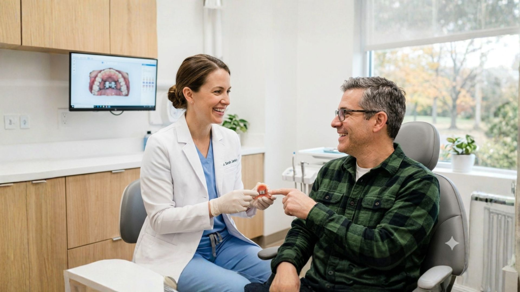 Orthodontist reviewing MARPE expander with patient in Oakton, VA