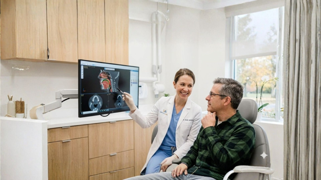 Orthodontist reviewing CBCT and airway with patient in Oakton, VA