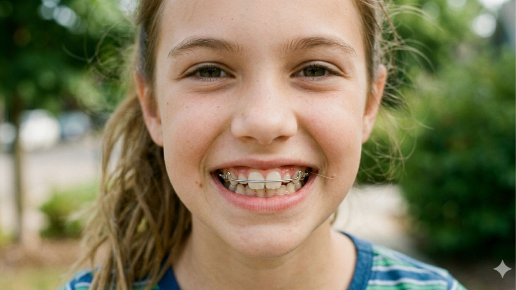 Young girl wearing a Hawley phase 1 retainer.