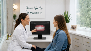 Orthodontist explaining braces cost to patient in Oakton, VA